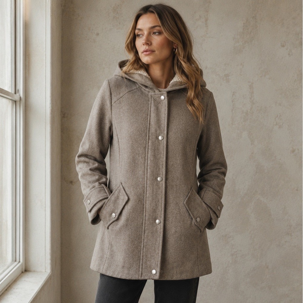 London Fog Womens XL Taupe Wool Blend Sherpa Hooded Coat Jacket Snap Zip Warm - Picture 1 of 8